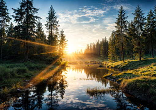 Sunset over the forest river Beautiful summer landscape with forest river