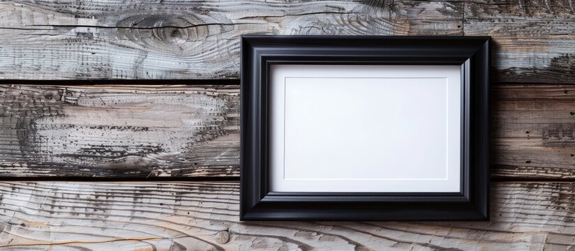 A rectangular black picture frame hangs on a wooden wall in a monochrome room, creating a striking visual contrast. The monochrome photography adds depth and texture to the brickwalled space