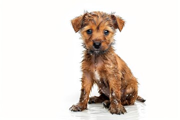 cute domestic dog washing itself wet from water on white background isolated