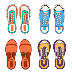 Male footwear sneakers set in cartoon. Hand drawn casual shoes for man. Vector illustration isolated on a white background.