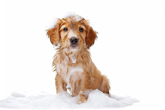 cute domestic dog washing itself wet from water on white background isolated