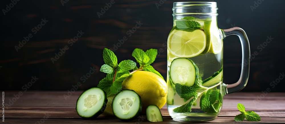 Poster there is a pitcher of water with cucumber and lemons placed on a table