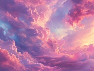 The sky is adorned with clouds, in a neon color scheme, fusing elements of reality and fantasy. - obrazy, fototapety, plakaty