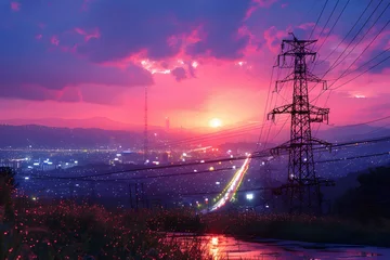 Fototapeten Sun Setting Over City With Power Lines © D