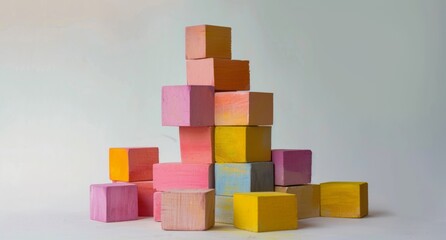 The tower of colorful blocks, styled with dark yellow and light pink tones, is reminiscent of chalk art.