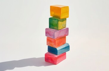 Fototapeta premium A colorful wooden stacking tower, on white, is styled with trompe l'oeil illusions, dark yellow and light pink tones, and a color gradient.