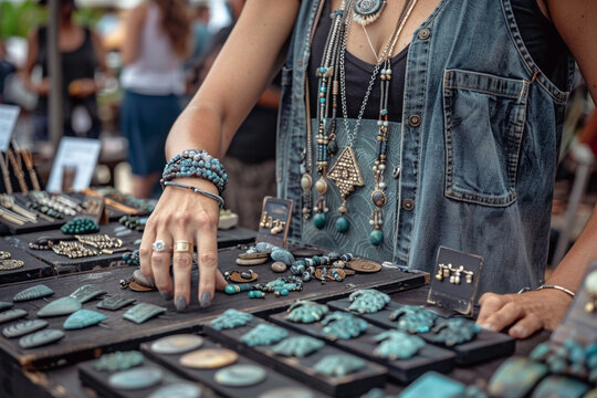 A person selling handmade jewelry at a craft fair, showcasing an artisanal side hustle.