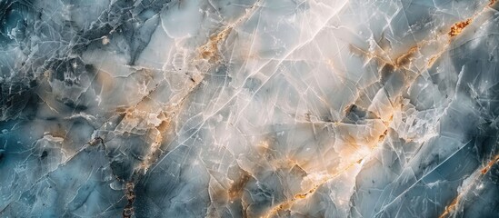 A detailed closeup capturing the intricate patterns of a blue and gold marble texture, resembling a...
