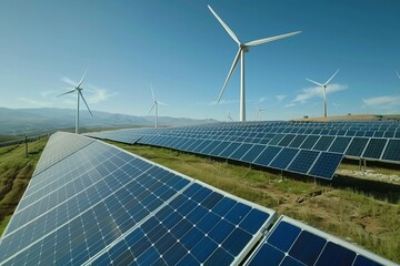 Solar panels and wind turbines installed as renewable station energy sources for electricity and power supply.Innovation, Green Energy Source. Alternative Renewable Energy