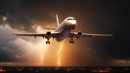 A courageous airplane conquers a menacing thunderstorm, symbolizing the indomitable spirit of human progress and perseverance.