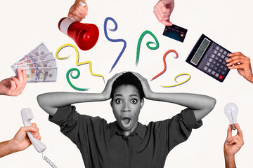 Collage young amazed girl shocked emotional reaction lightbulb calculator bullhorn announce...