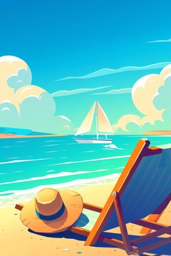 Colorful Summer beach poster, background for posters, greeting cards, banners, web, landings, advertising and other. Vector flat design style illustration, Tropical Beach Vacation