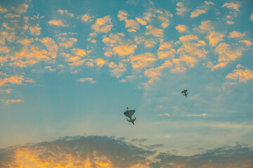 Sunset colourful kite in the sky with fluffy clouds and orange