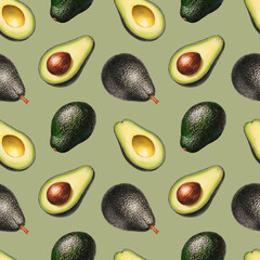 Seamless pattern with Illustrations of avocado. Color pencil drawings. Perfect for product packaging, home textile, stationery and other goods