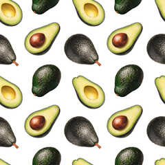 Seamless pattern with Illustrations of avocado. Color pencil drawings. Perfect for product packaging, home textile, stationery and other goods - 764020873