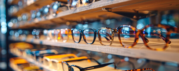 wall of glasses. display case with glasses for vision in an optical store