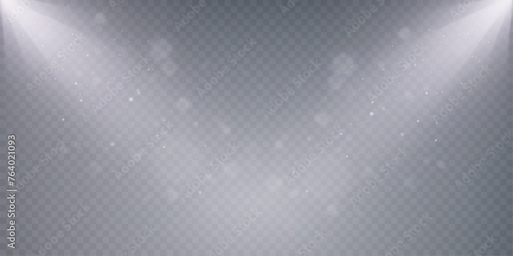 Poster Spotlight. Background for displaying products. Bright rays of spotlights, flickering shiny particles, a spot of light. Vector