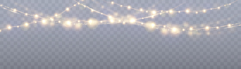 Festive garland isolated on transparent background. Glowing yellow light bulbs with sparkles. Decor for Christmas, New Year, wedding or birthday. Vector - obrazy, fototapety, plakaty
