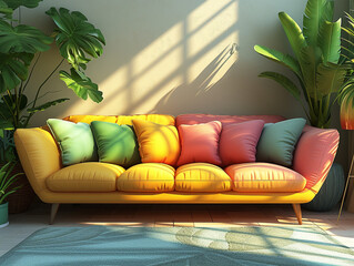 A living room with a yellow, pink and green couch, potted plant and lamp. In the style of simplistic cartoon. 