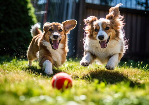 Two Welsh Corgi dogs playing with a ball in the garden
