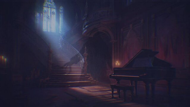 Haunted castle with piano and ghost appearing. Creepy and abandoned interior with VHS retro film effect and glitch transition. Horror and mystery loop animation video.