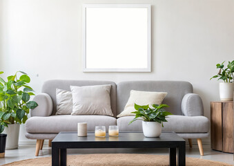 Modern living room interior with grey sofa, pillows and houseplants with photo frame mockup