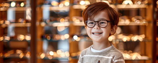 a boy wearing eyeglasses stands against the background of a display of eyeglasses in an optical store