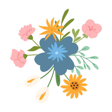 Floral composition in cute cartoon flat style, vector illustration isolated on white background. Hand drawn spring and summer flower bouquet with sunflowers, lily, carnation and peony.