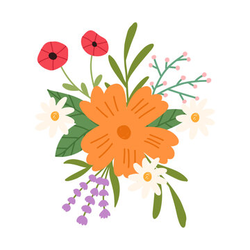 Floral composition in cute cartoon flat style, vector illustration isolated on white background. Hand drawn spring and summer flower bouquet with daisy, poppy, and lavender.