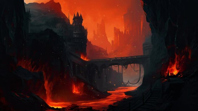 city of hell with obsidian structure. landscape of inferno and abyss in the evil theme in the heroic fantasy.