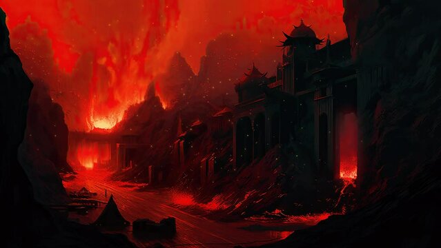 city of hell with obsidian structure. landscape of inferno and abyss in the evil theme in the heroic fantasy.