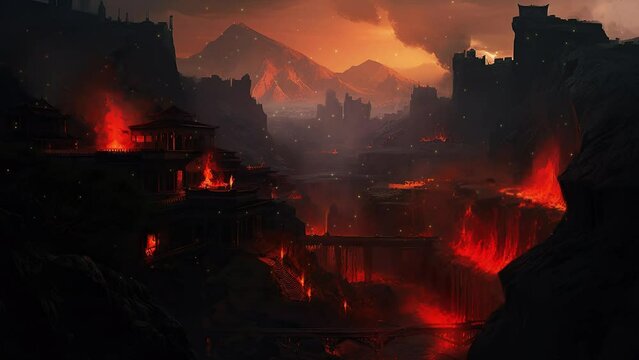 ancient city devastated by the fiery underworld. heroic fantasy concept. end of the ancient world.