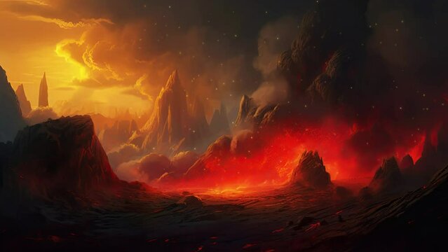 the underworld descends upon the world. the landscape is fiery and fiery. the contrast with a heavenly sky with hope. Inferno and heaven animation concept with loop.