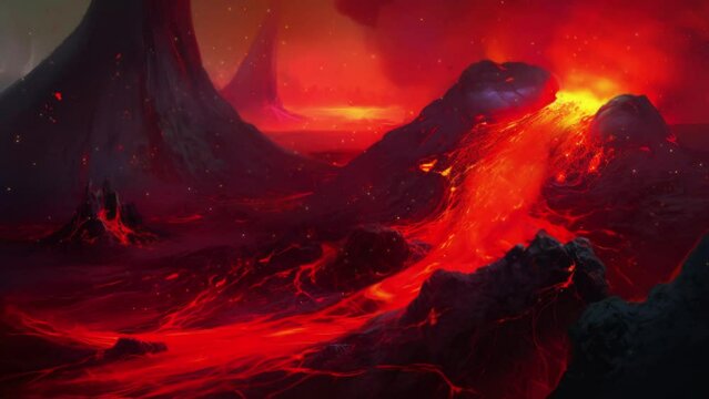 erupting volcano, first world landscape. loop animation
