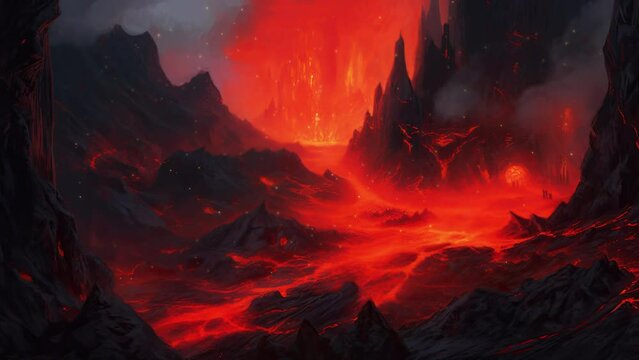 volcano of fire and landscape of the underworld completely devastated and ablaze. animation on the theme of evil and demons