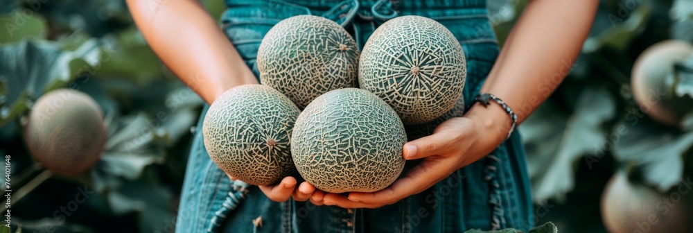 Poster hand holding honeydew melon on blurred background with copy space for text placement