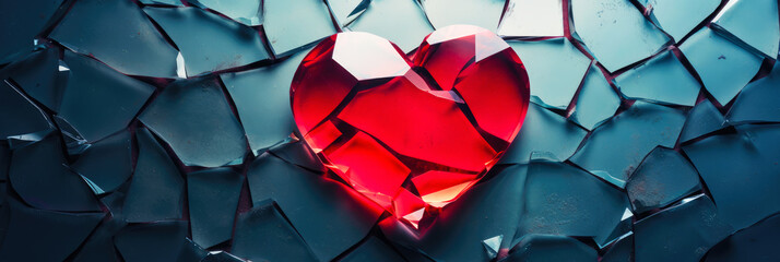 A shattered red glass heart on dark blue background symbolizing heartbreak, broken relationship and emotional pain. Concept of lost love or betrayal. - obrazy, fototapety, plakaty