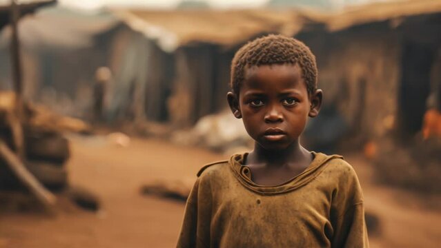 A disadvantaged boy in a poverty-stricken village, emphasizing the urgent global issue of poverty and the impact on children's lives.