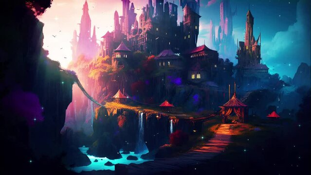 Fantasy medieval town. Animation loop of landscape with fireflies. Peaceful and ambient loop video.