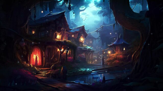 Fantasy village in forest. Animation loop of landscape with fireflies. Peaceful and ambient loop video.