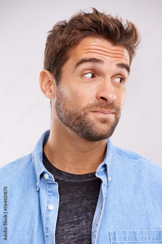 Poster Thinking, confused and man with ideas, choice and emotion on white studio background with solution and emoji. Person, model and guy with decision and question with why, reaction and unsure doubt