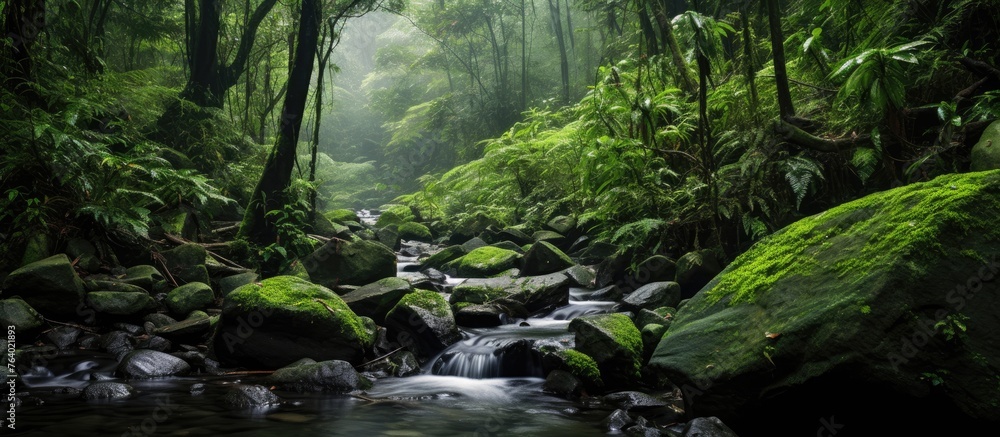 Sticker A watercourse flows through a verdant forest, bordered by mosscovered rocks and a variety of terrestrial plants, creating a serene natural landscape