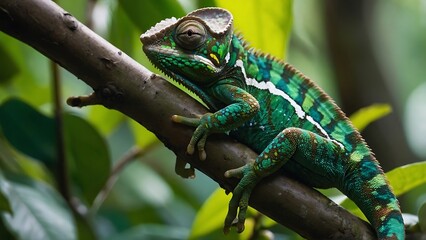 Chameleon on a branch in the rainforest - obrazy, fototapety, plakaty