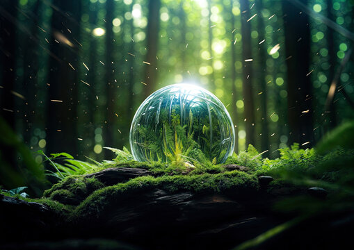 Crystal ball with green forest background 3D rendering Ecology concept