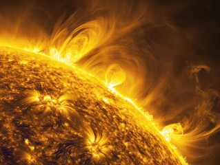 A detailed close-up of the burning sun. Study of the solar system. Powerful flashes of increased brightness in the sun. AI