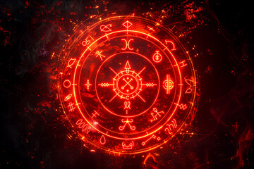 Red magic runes in a circle. Glowing spell effect. Ancient fantasy writing. Magical neon ring.	