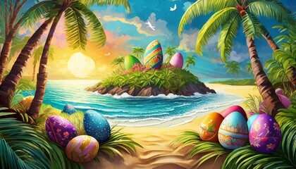 An illustration of an Easter egg hunt on a tropical island, with colorful eggs hidden among palm trees and sandy beaches