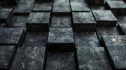 A detailed close-up of a black textured tile surface, with attention on the material and light play