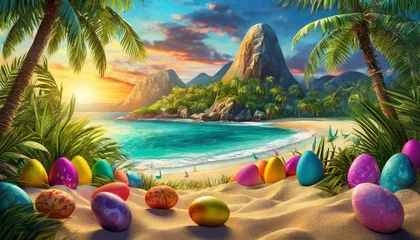  An illustration of an Easter egg hunt on a tropical island, with colorful eggs hidden among palm trees and sandy beaches © Craitza