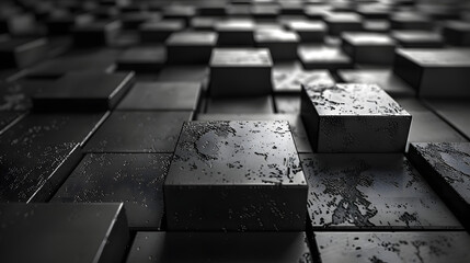 Intriguing image of reflective wet black cubes scattered on a glossy surface, creating play of light and shadows